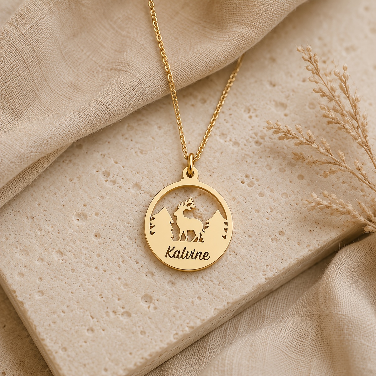 Personalized Engraved Name Necklace with Elk & Pine Tree Pendant